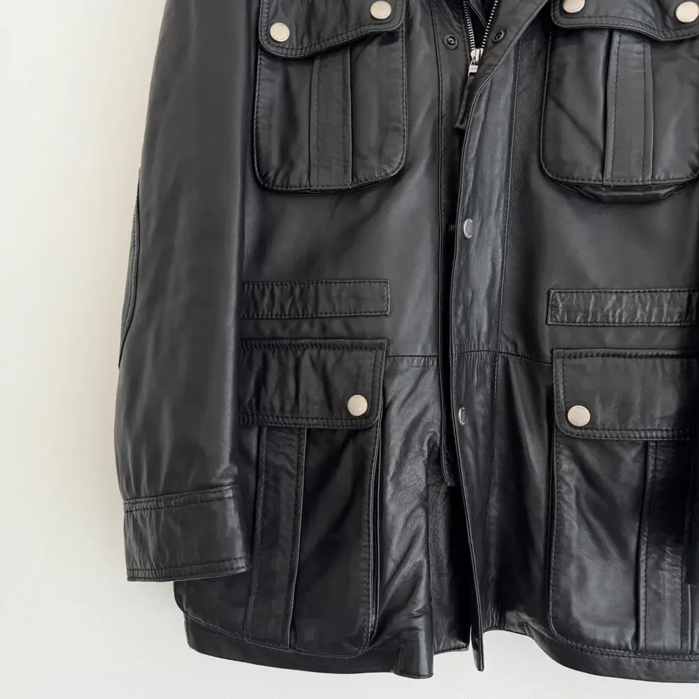 Hugo Boss Leather Jacket Men 38R Black Goatskin Military Field Biker Safari Coat - Picture 4 of 12